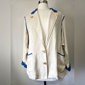 LODENFREY Vintage 100% Linen Cream and Blue Wood Buttoned Blazer. Size Xl